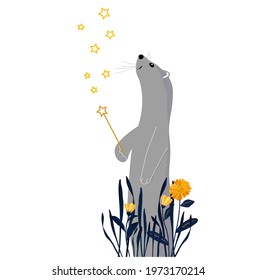 Sable with a magic wand, stock vector illustration. pet weasel in flowers. A fabulous ferret. Children's poster for baby's bedroom isolated on a white background.