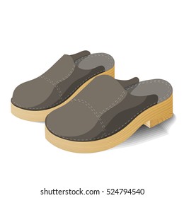 Sabot. Ethnic wood shoes. White background, color Illustration with shading. Vector.