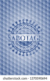 Sabotage blue badge with geometric background.