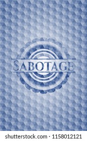 Sabotage blue badge with geometric pattern.