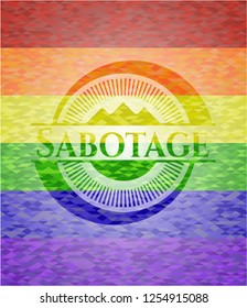 Sabotage emblem on mosaic background with the colors of the LGBT flag