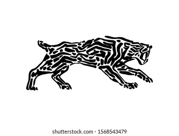 Sabre-toothed tiger animal decorative vector illustration painted by ink, hand drawn grunge cave painting, black isolated silhouette on white background.