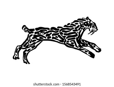 Sabre-toothed tiger animal decorative vector illustration painted by ink, hand drawn grunge cave painting, black isolated running silhouette on white background.