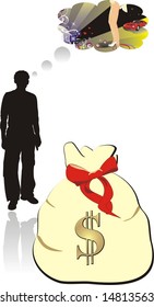 Sac with dollars. Silhouette of man. Dreams about an evening-party. Vector