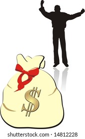 Sac with dollars. Silhouette of man. Vector