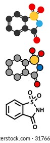 Saccharin artificial sweetener molecule (sugar substitute). Stylized 2D renderings and conventional skeletal formula. 