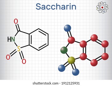 Saccharin molecule. It is artificial sweetener, sweetening agent, xenobiotic and environmental contaminant. Structural chemical formula, molecule model. Sheet of paper in a cage. Vector illustration svg