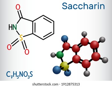 Saccharin molecule. It is artificial sweetener, sweetening agent, xenobiotic and environmental contaminant. Structural chemical formula and molecule model. Vector illustration svg