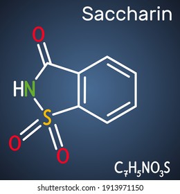 Saccharin molecule. It is artificial sweetener, sweetening agent, xenobiotic and environmental contaminant. Structural chemical formula on the dark blue background. Vector illustration svg