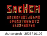 Sachem. Tribal ethnic style font design, alphabet letters and numbers, vector illustration