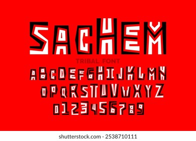 A Sachem. Diseño tipográfico de estilo étnico tribal, letras y números del alfabeto, Ilustración vectorial