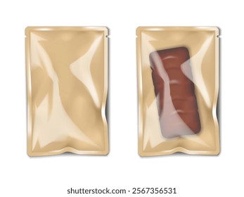 Sachet bag with kraft brown paper back and clear plastic front. 3d mockup. Blank transparent tear notch packet. Realistic vector mock-up. Easy editable. Individual pouch package. Template for design