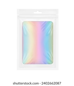 Sachet bag mockup with clear window, ziplock, hang hole and tear notch from iridescent foil. Hyper realistic vector illustration isolated on white background. Ready for use in your design. EPS10.