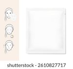 Sachet bag mockup for facial mask with set icons. Vector illustration isolated on white background. Flat lay view. Can be use for template your design, presentation, promo, ad. EPS10.