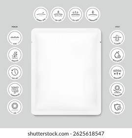 Sachet bag mockup for facial mask, beauty samples with set icons. Vector illustration isolated on grey background. Flat lay view. Can be use for template your design, presentation, promo, ad. EPS10.