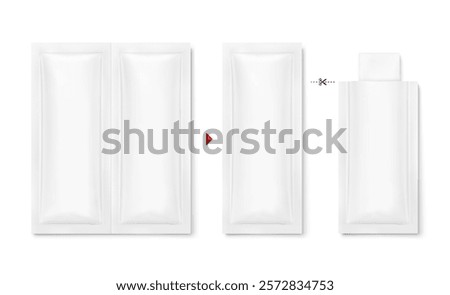 Sachet bag mockup for single wet wipe. Vector illustration isolated on white background. Flat lay view. Can be use for template your design, presentation, promo, ad. EPS10.