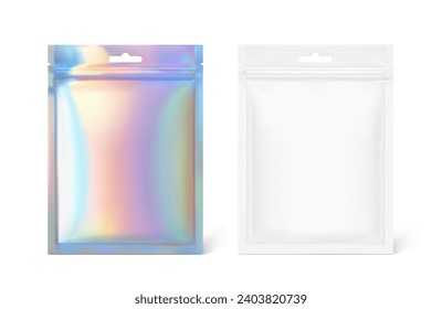 Sachet bag mockup with ziplock, euro slot and tear notch from iridescent foil. Hyper realistic vector illustration isolated on white background. Ready for use in your design. EPS10.