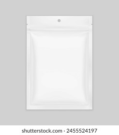 Sachet bag mockup with ziplock, hang hole and tear notch. Hyper realistic vector illustration isolated on grey background. Ready for use in your design. EPS10.