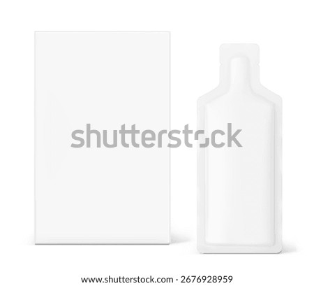 Sachet bag with paperboard box mockup for energy gels, sport nutrition, cosmetics, food. Vector illustration isolated on white background. Front view. Can be use for template your design. EPS10.