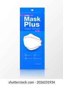 Sachet blue packaging medical masks 3D shape. Packing size 1 piece.
mockup isolated on white background. Realistic file.