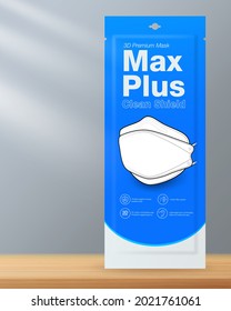 Beutel hygienische Gesichtsmaske Verpackung Design 3D Form medizinische Maske auf Holzboden mit grauem Hintergrund.Realistische Datei.