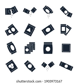Sachet icons set. sugar powder packet icon pack. Packet soluble powder symbol Vector illustration