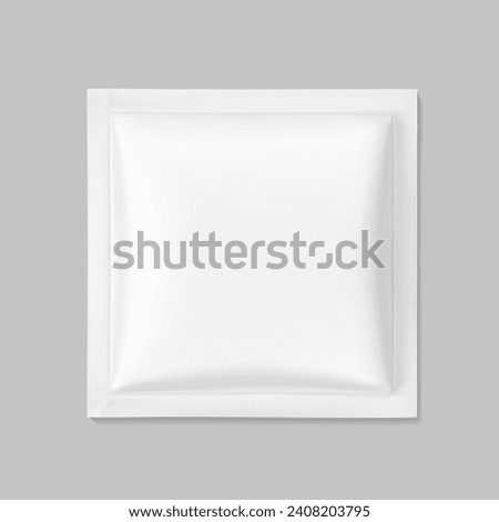 Sachet mockup. Hyper realistic. Vector illustration isolated on grey background. Flat lay view. Packaging for cosmetic, food, pet. Ready for your design. EPS10.