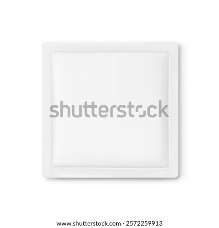 Sachet mockup. Hyper realistic. Vector illustration isolated on white background. Flat lay view. Packaging for cosmetic, food, pharmacy. Ready for your design. EPS10