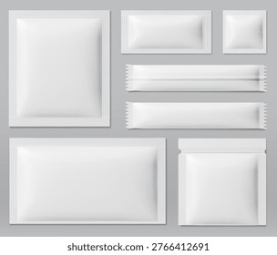Sachet mockup set with blank white foil pouches in various sizes on gray background. Realistic 3D package templates for cosmetic masks, food products, powder and stick packs with sealed edges.