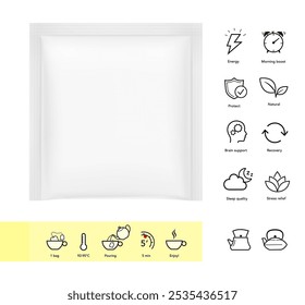 Sachet mockup  for tea bag with icons set for brewing and benefits of tea. Hyper realistic. Vector illustration isolated on white background. Flat lay view. Ready for your design. EPS10.