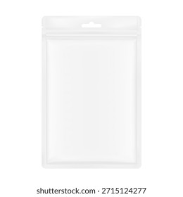 Maqueta de bolsita con cierre de cremallera y muesca de desgarro. Hiper realista. Ilustración vectorial aislada sobre fondo blanco. Vista plana. Embalaje para cosméticos, alimentos, mascotas. Listo para su diseño. EPS10.