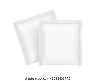 Sachet mockups. Hyper realistic. Vector illustration isolated on white background. Flat lay view. Packaging for cosmetic, food, pet. Ready for your design. EPS10.	