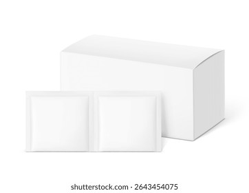 Sachet mockups. Hyper realistic. Vector illustration isolated on grey background. Flat lay view. Packaging for tea, cosmetic, food, pharmacy. Ready for your design. EPS10.	