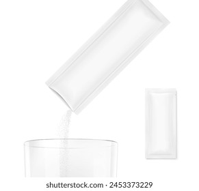 Sachet pack pouring powder product on clear glass. Vector illustration isolated on a white background. Ready for use in presentation, promo, advertising and more. EPS10.