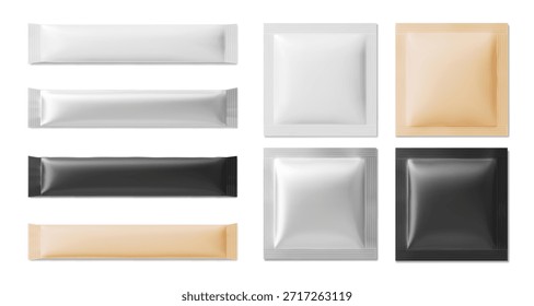 Conjunto de maqueta de bolsa de paquete de bolsita con bolsa de aluminio en colores blanco, beige, plata y negro. Plantillas de stick pack rectangulares para mascarilla cosmética o presentación de productos alimenticios. Colección de maqueta en blanco.