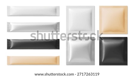 Sachet package pouch mockup set with foil bag in white, beige, silver and black colors. Rectangular stick pack templates for cosmetic mask or food product presentation. Blank mock up collection.