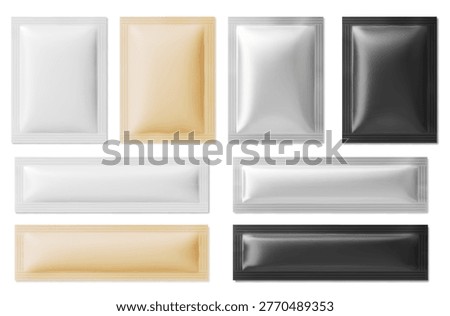  Sachet package pouch mockup set with foil bag in white and beige, silver and black colors. Rectangular stick pack templates for cosmetic mask or food product presentation. Blank mock up collection.