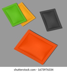 Sachet packet color set, vector illustration. Individual packaging pouch. Easy to recolor.