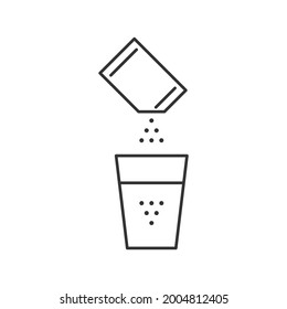 Sachet packet soluble powder glass water line icon. Open paper pack stick with powder. Soluble bag medication or food sugar, salt, cofee. Symbol pouch editable stroke. Vector illustration