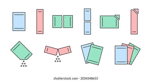 Sachet Packet Soluble Powder Line Icon Set. Open Paper Pack Stick With Powder. Soluble Bag Medication Or Food Sugar, Salt, Coffee. Symbol Pouch Editable Stroke. Vector Illustration