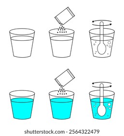 Sachet powder concept set. Instruction how to dissolve effervescent medication in water. Vector illustration. packet use