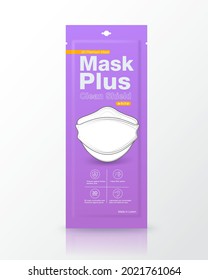 Envase de sobres morado máscaras médicas de forma 3D. Tamaño de embalaje 1 pieza.
burla aislada en un fondo blanco. Archivo realista.