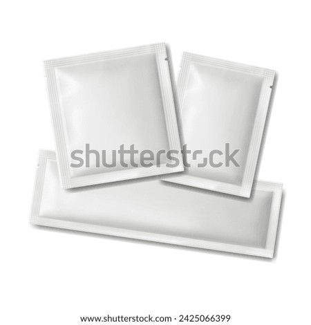 Sachet set. Blank foil paper or plastic pack. Sachet packaging mockups for food, cosmetic and hygien. Realistic 3d vector illustration