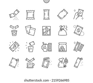 Sachet. Sugar powder packet, soluble pill. Aromatic sachet. Open package. Pixel Perfect Vector Thin Line Icons. Simple Minimal Pictogram