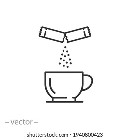 Beutelzuckerwurf in Tasse, Symbol, Kaffee oder Tee, Dünnzeilensymbol auf weißem Hintergrund - bearbeitbarer Schlaganfall, Vektorsymbol10