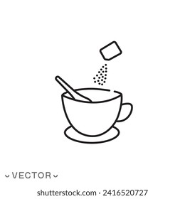 yema de azúcar sobre en taza, icono, café o té, símbolo de línea delgada aislado en fondo blanco, pulsaciones modificables eps 10 ilustración vectorial