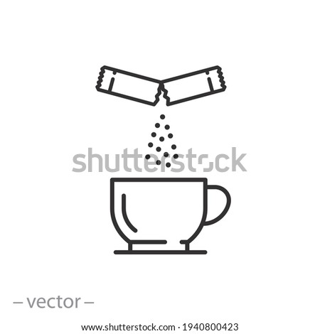 sachet sugar throw in cup, icon, coffee or tea, thin line symbol on white background - editable stroke vector eps10