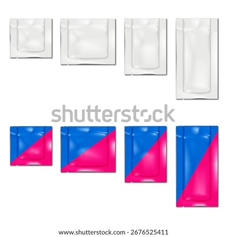 Sachet with tear notches. 3d mockup. Blank white and color design. Easy to edit. Flat plastic pouch bag. Realistic vector mock-up. Retail product individual wrapper package. Template set