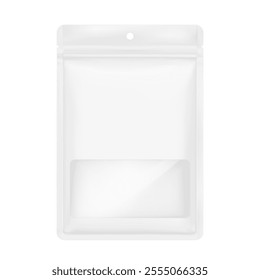 Sachet ziplock bag with clear window and round hole mockup. Hyper realistic vector illustration isolated on white background. Ready for use in your design. EPS10.	