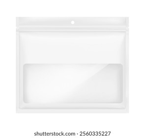 Sachet ziplock bag with clear window and round hole mockup. Hyper realistic vector illustration isolated on white background. Ready for use in your design. EPS10.	